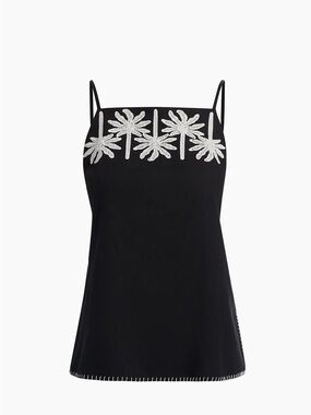 Johnny Was Black Tank Top with White Embroidered Palm Motif